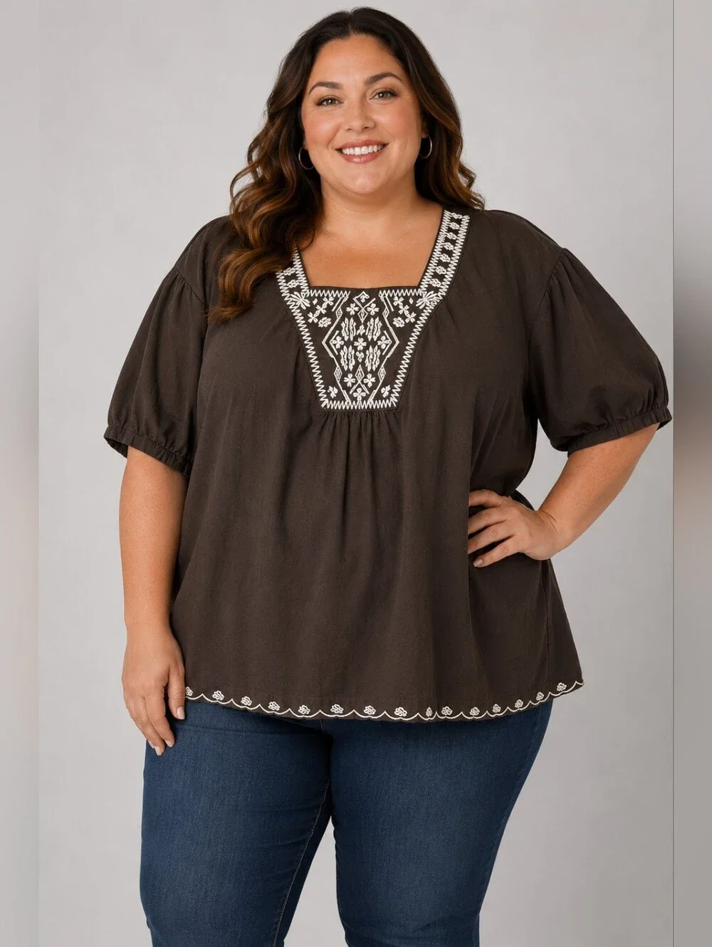 Liz & Me Dark Brown Peasant Top with White Embroidered Yoke Size 5X - Picture 1 of 5